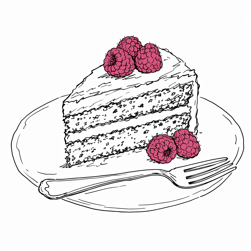 Line-art illustration of a slice of cake with fresh raspberries