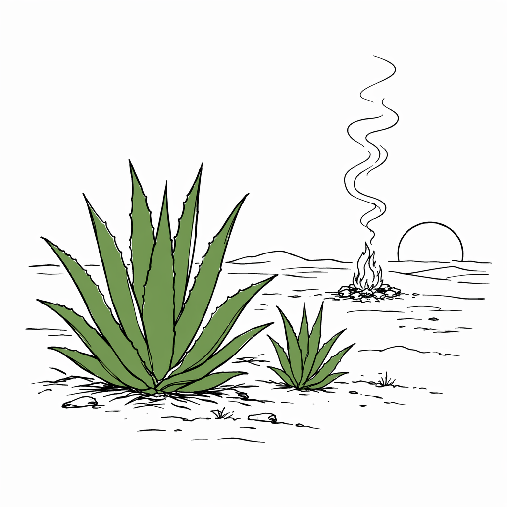 Line-art illustration of an agave plant and campfire at dusk